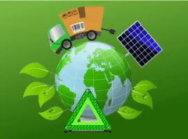 지속 가능한 유통 방법을 나타내는 전기 배달 트럭, 태양광 패널, 녹지가 주변을 둘러싸고 있는 지구본 그림