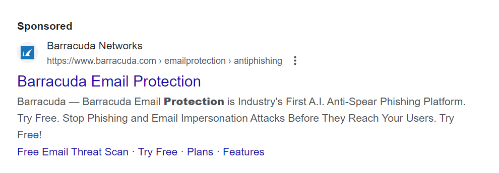 Um anúncio pago da Barracuda para a palavra-chave “serviço de filtro de spam” direciona os usuários para uma página de destino anti-phishing