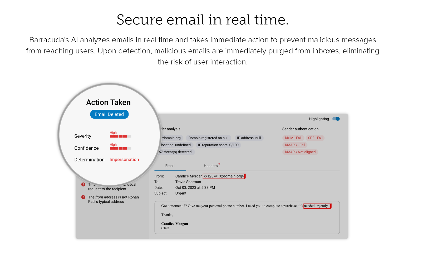 A página inicial anti-phishing do Barracuda também inclui capturas de tela do produto e da interface do usuário para mostrar como ele ajuda a “proteger o e-mail em tempo real”.