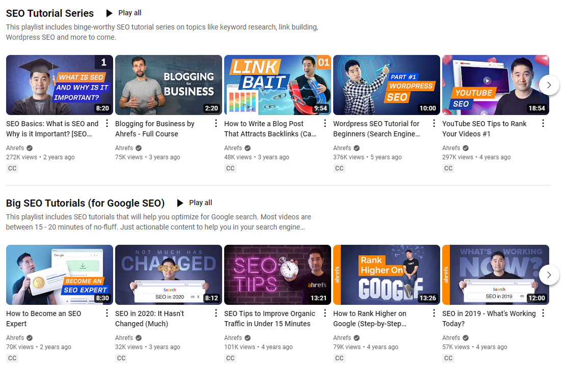Ahrefs มีเพลย์ลิสต์วิดีโอ YouTube เกี่ยวกับ SEO บางประเภทเพื่อช่วยให้ผู้ดูบริโภคเนื้อหาคุณภาพสูงของตนมากขึ้น