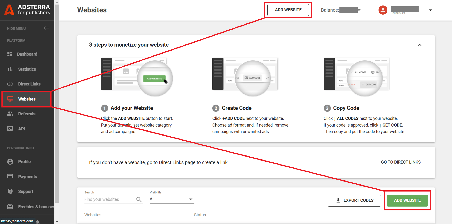 Agregue su URL a Adsterra para maximizar los ingresos del sitio web