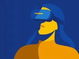 ilustrasi pengalaman imersif dengan seorang wanita yang mengenakan headset realitas virtual