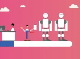 Zwei Roboter arbeiten Seite an Seite mit zwei Büroangestellten und veranschaulichen die KI-Trends 2024.