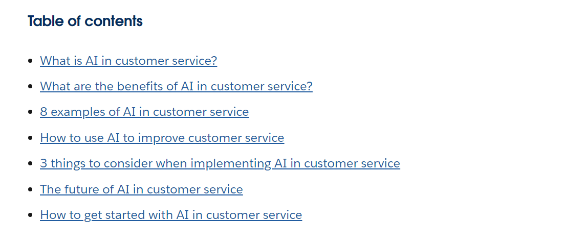 Das Inhaltsverzeichnis für einen Salesforce AI in CRM-Blog