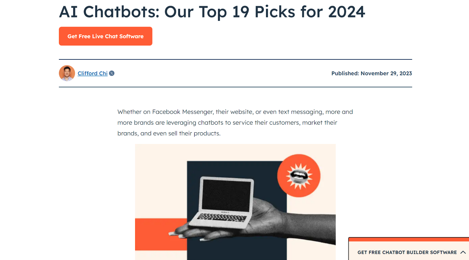 Der Kopfabschnitt eines HubSpot-Artikels mit dem Titel „AI Chatbots: Unsere Top 19 Picks für 2024“.