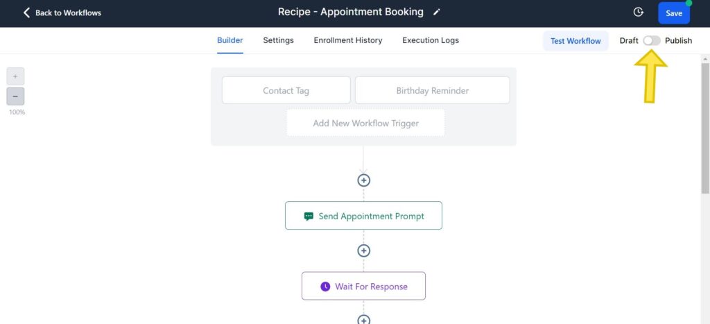 Veröffentlichen Sie den Workflow, sobald alles Ihren Anforderungen entspricht. - So erstellen Sie einen Gohighlevel-Workflow mit Recipes