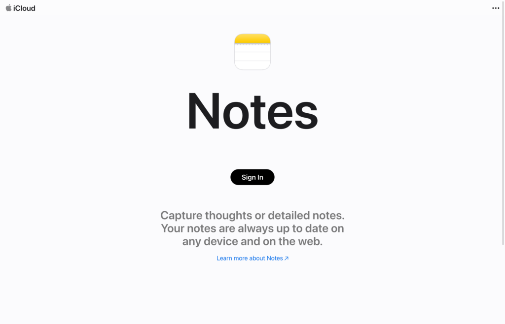 สกรีนช็อตของหน้าเว็บ Apple Notes