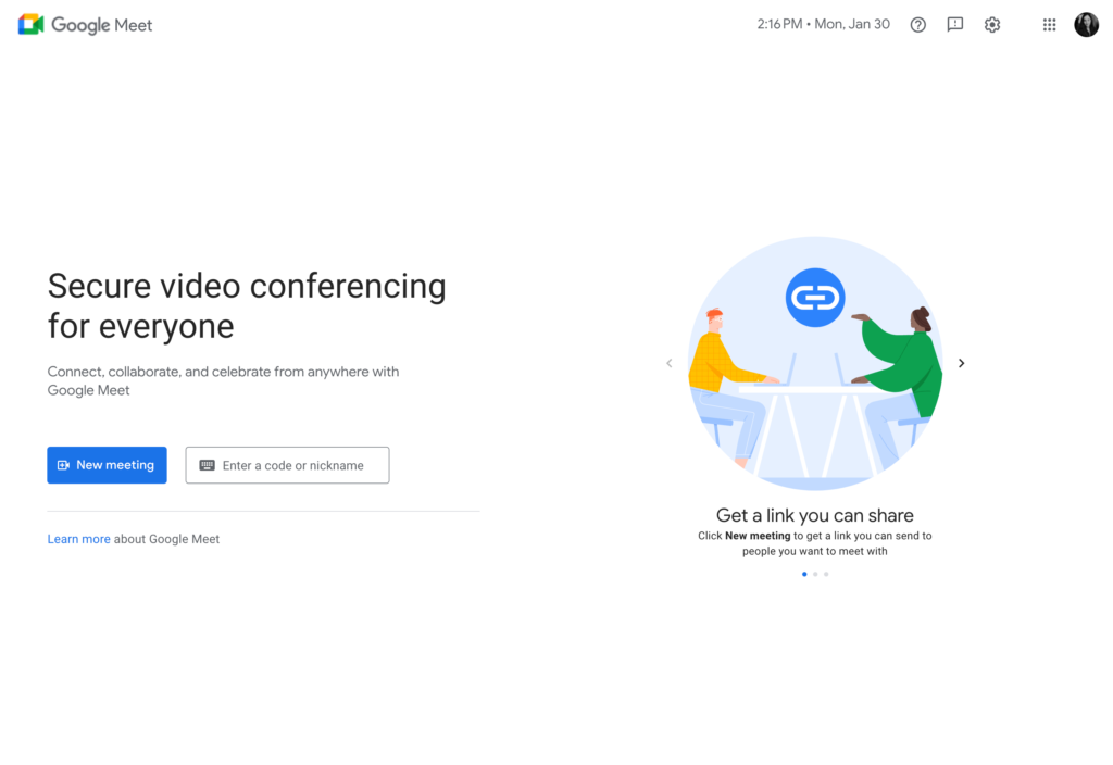 ภาพหน้าจอของหน้าเว็บ Google Meet