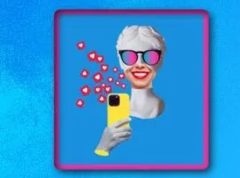 Statuie zâmbitoare cu ochelari de soare, un dispozitiv mobil cu emoji-uri de inimă care iese din el, reprezentând optimizarea experienței clienților.