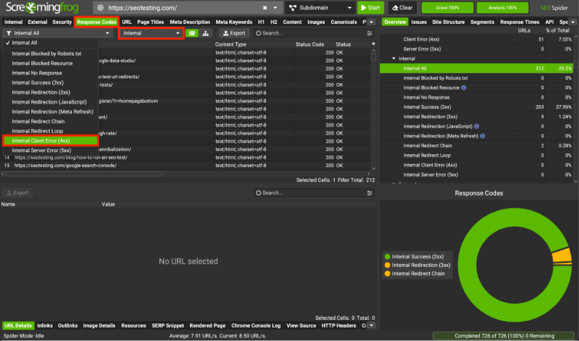 在 Screaming Frog SEO Spider 审核中突出显示内部客户端错误 4xx。