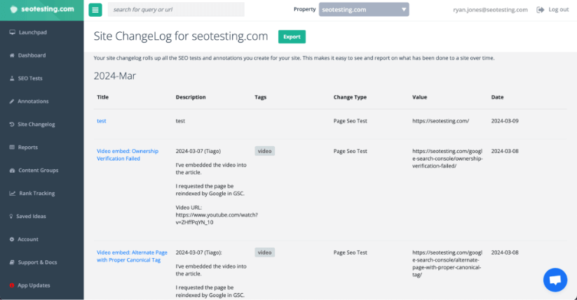 seotesting.com 上的站点变更日志界面显示网站的 SEO 测试和注释。