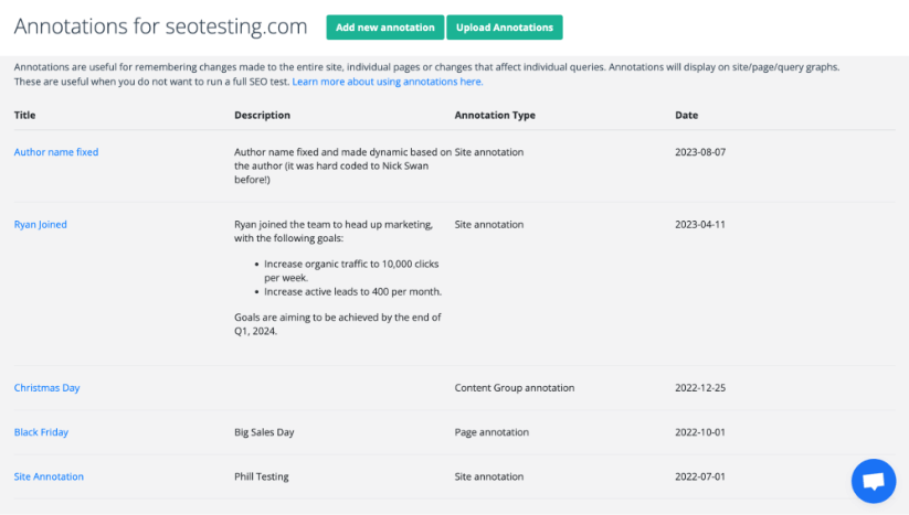 seotesting.com 上的 SEO 注释列表包含有关营销目标和网站更新的详细信息。