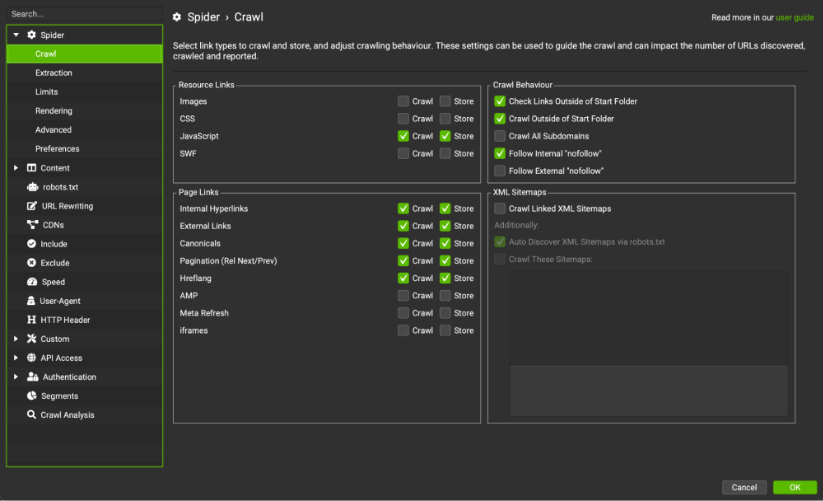 Screaming Frog SEO Spider 设置面板用于抓取行为和链接类型。