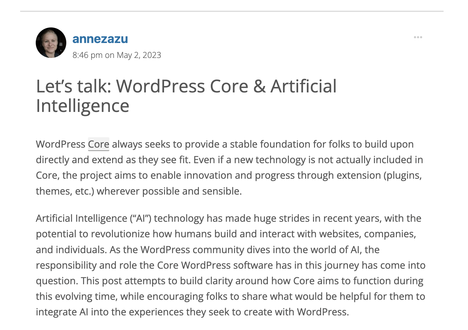 關於 AI 在 CMS 中的作用的 WordPress 討論