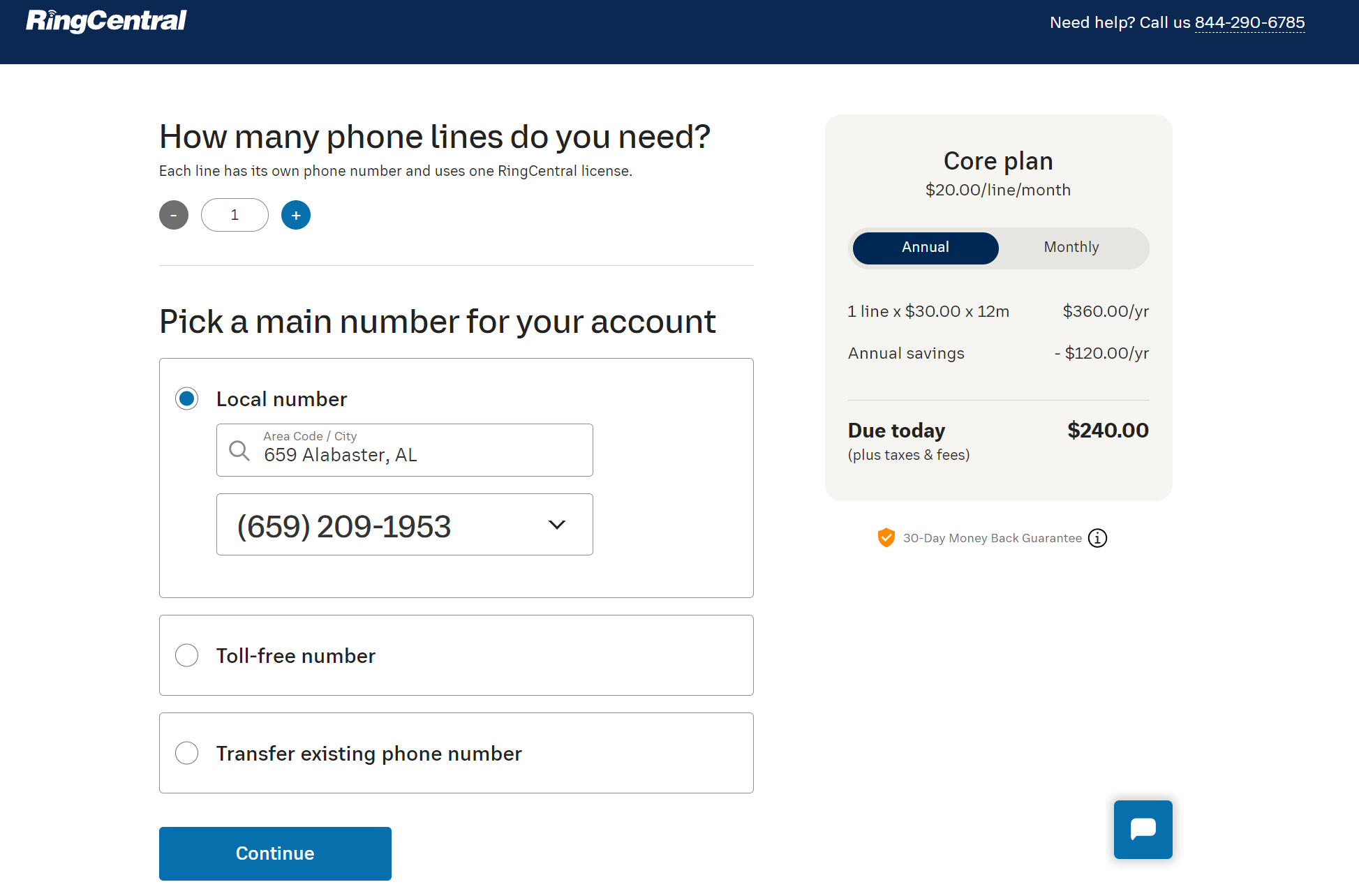 Página de registro de número de teléfono de RingCentral