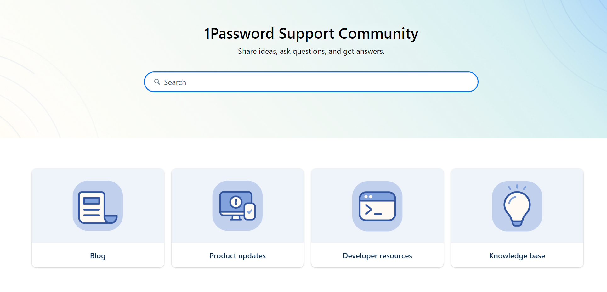 Home page della community di supporto 1Password