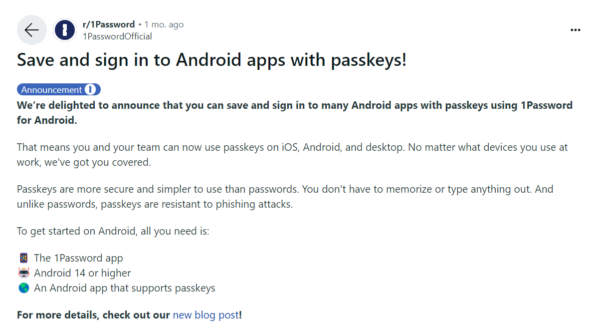 Reddit 上的 1Password 功能公告