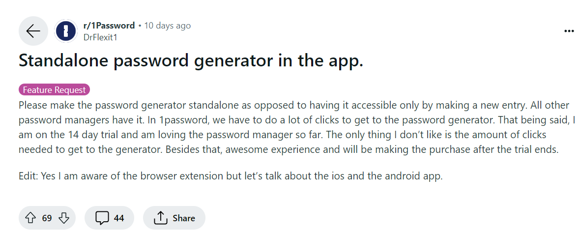 1Password 機能をリクエストしている Reddit ユーザー。