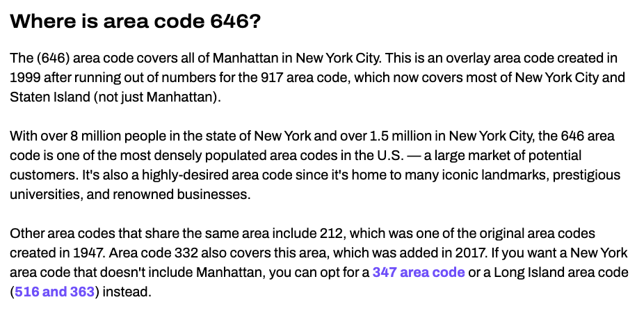 تفاصيل حول رمز المنطقة 646 على صفحة ويب Dialpad