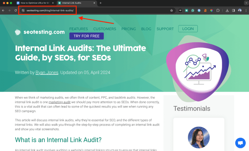 Une capture d'écran montrant la barre d'URL du navigateur pour un article SEOTesting.