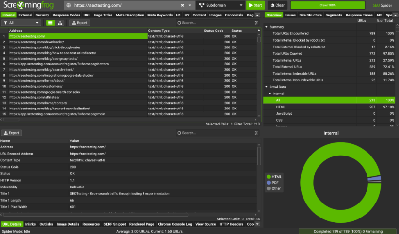 Capture d'écran de l'outil Screaming Frog SEO Spider montrant les résultats de l'exploration de seotesting.com.