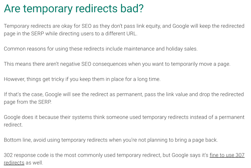 Sezione FAQ che discute se i reindirizzamenti temporanei sono dannosi per la SEO con spiegazioni e consigli.