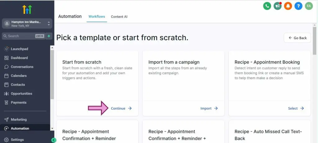 Cliquez sur "Continuer" pour commencer à créer le flux de travail à partir de zéro. - Comment créer un workflow Gohighlevel à partir de zéro