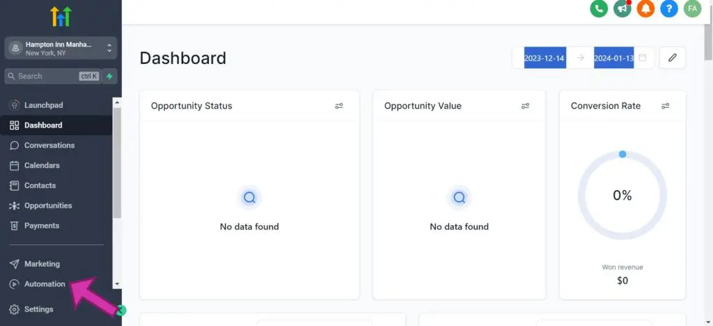 Melden Sie sich bei Ihrem Gohighlevel-Konto an. Wählen Sie das gewünschte Unterkonto. Klicken Sie dann auf der linken Seite auf „Automatisierung“. - So erstellen Sie Gohighlevel-Workflows von Grund auf