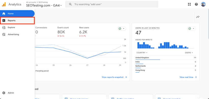 Capture d'écran de Google Analytics 4 mettant en évidence l'onglet Rapports.