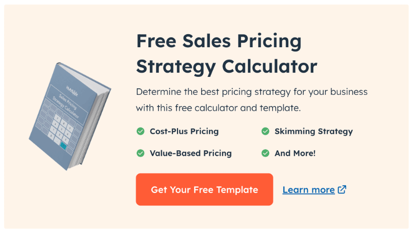 Graphique promotionnel pour un calculateur de stratégie de tarification de vente gratuit par HubSpot comprenant un livre sur les calculateurs de ventes et des boutons pour un modèle gratuit et plus d'informations.