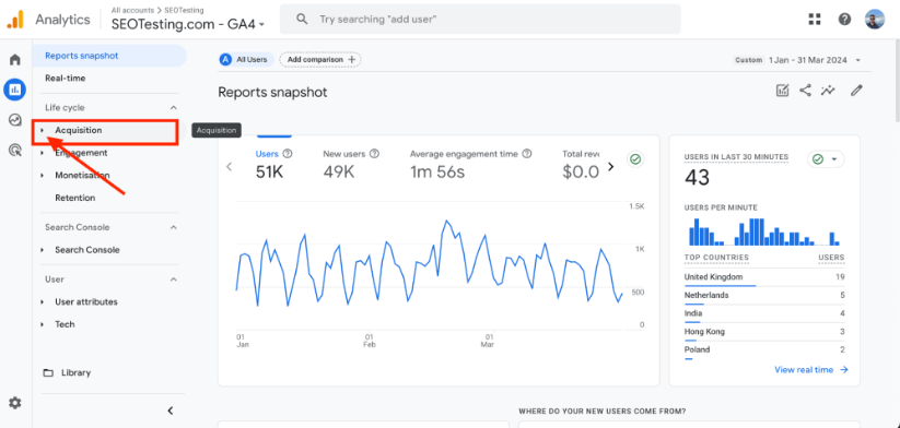 Interfaccia di Google Analytics 4 che mostra la scheda Acquisizione.