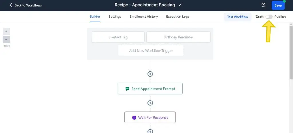 Publique o fluxo de trabalho quando tudo atender às suas necessidades. - Como criar fluxo de trabalho Gohighlevel com Receitas