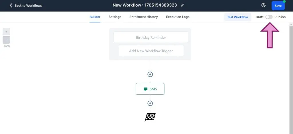 Publique seu fluxo de trabalho quando tudo atender às suas necessidades. Para fazer isso, clique no botão "Publicar" no canto superior direito e mova o botão para "Publicar" - Como criar fluxos de trabalho Gohighlevel do zero