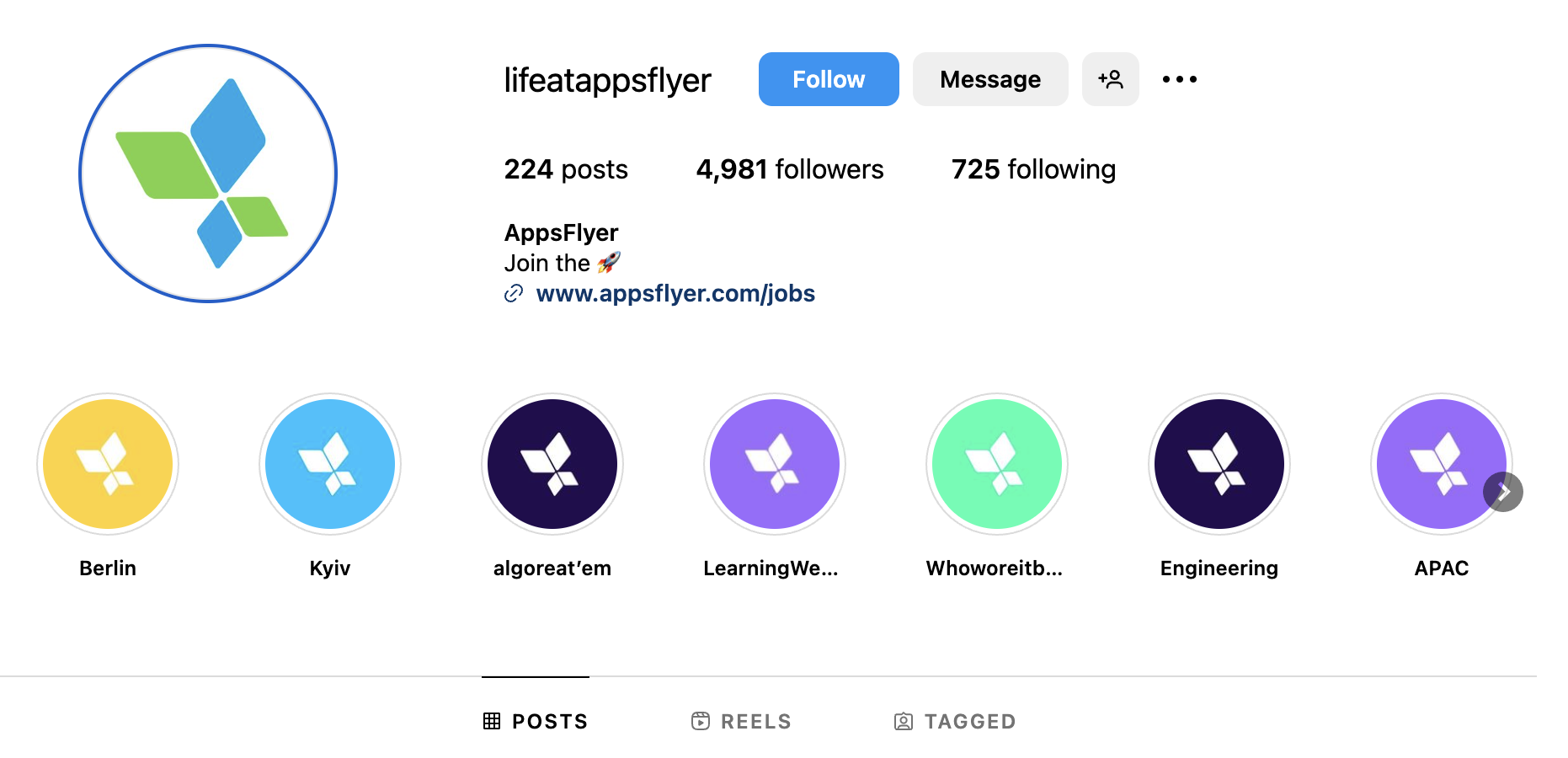 LifeAtAppsFlyer Instagram ページのスクリーンショット