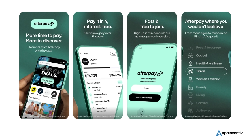 Aplicación BNPL como pantallas de la aplicación Afterpay iOS