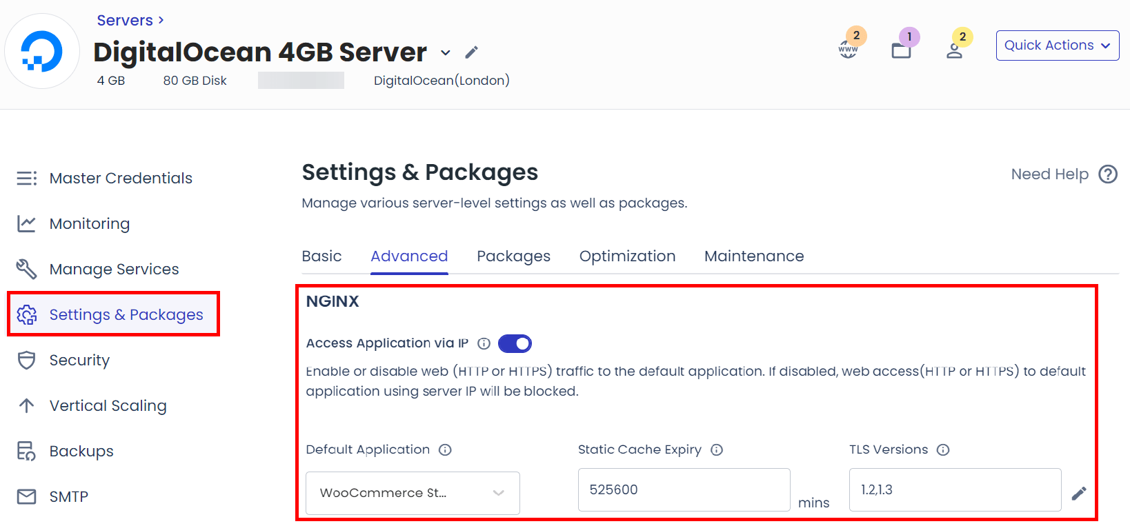 Painel de administração Cloudways