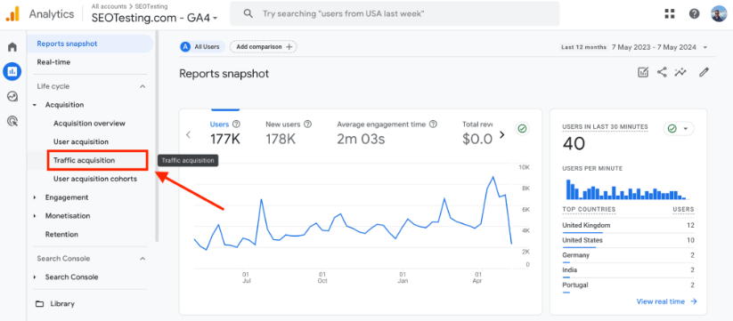 Google アナリティクス 4 は、サイド ナビゲーションでトラフィック取得オプションが強調表示されたスナップショットをレポートします。