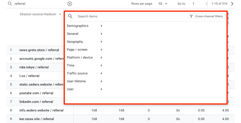 Laporan akuisisi lalu lintas Google Analytics 4 dengan opsi filter lintas saluran ditampilkan.