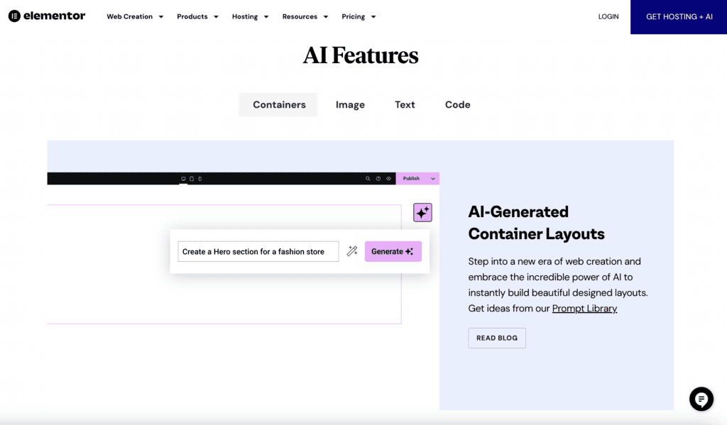 Elementor AI の機能リスト: コンテナー、画像、テキスト、コード