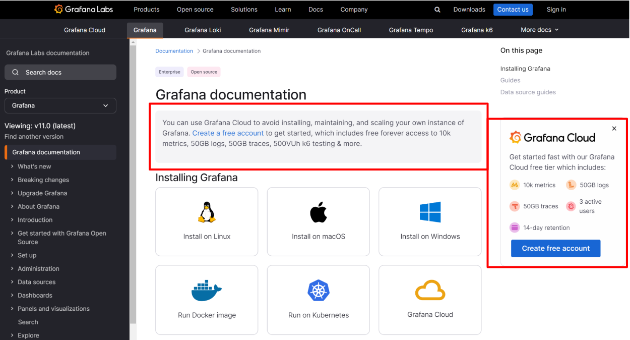 CTA terkemuka dalam dokumentasi Grafana