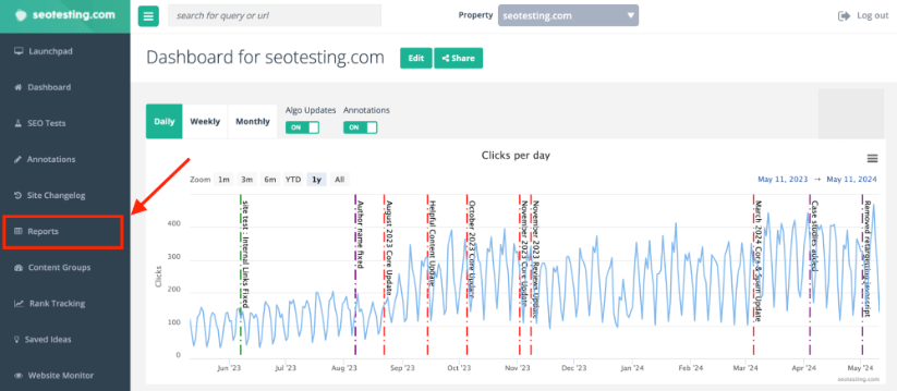 SEOtesting.com ダッシュボードには 1 日あたりのクリック数が表示され、サイドバーのレポート セクションを指す矢印が表示されます。