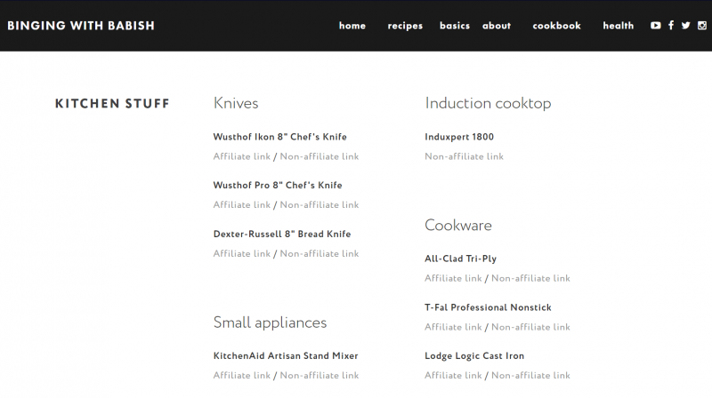 La liste des équipements avec liens affiliés sur le site Binging With Babish.