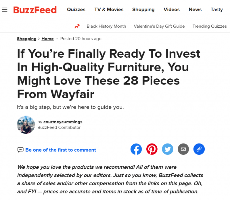 Un guide produit BuzzFeed écrit avec des liens d'affiliation.