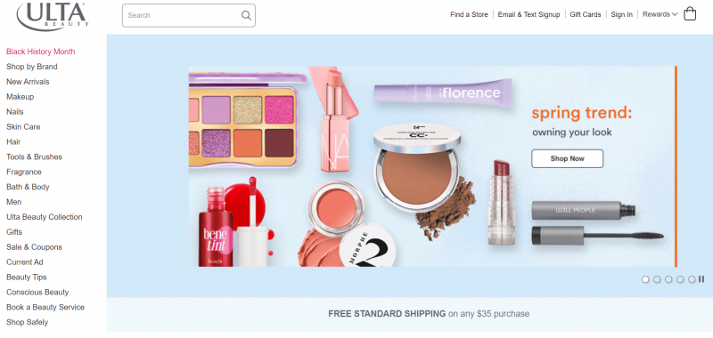 Die Homepage von Ulta Beauty mit der breiten Palette der verkauften Produkte.
