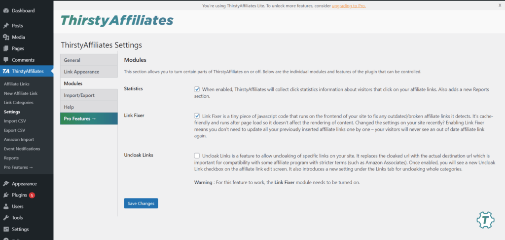 WordPress 管理儀表板顯示 ThirstyAffiliates 插件設置 > 模塊。