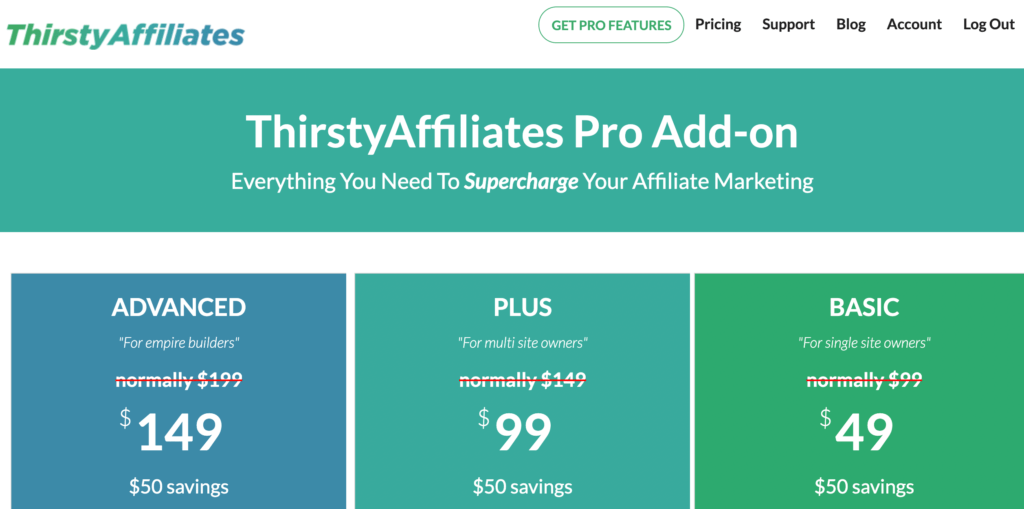 Plugin ThirstyAffiliates Pro para a página de preços do WordPress.