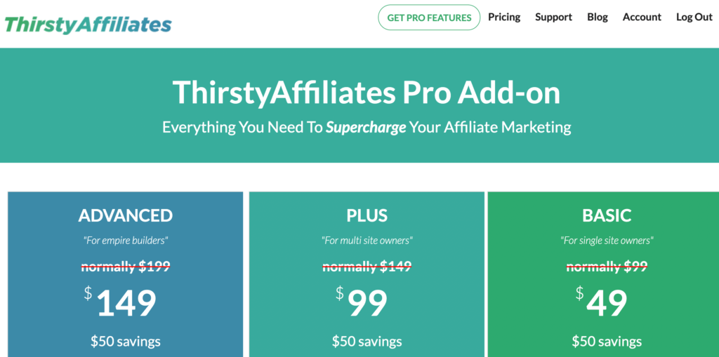 Plugin ThirstyAffiliates Pro pour la page de tarification WordPress.