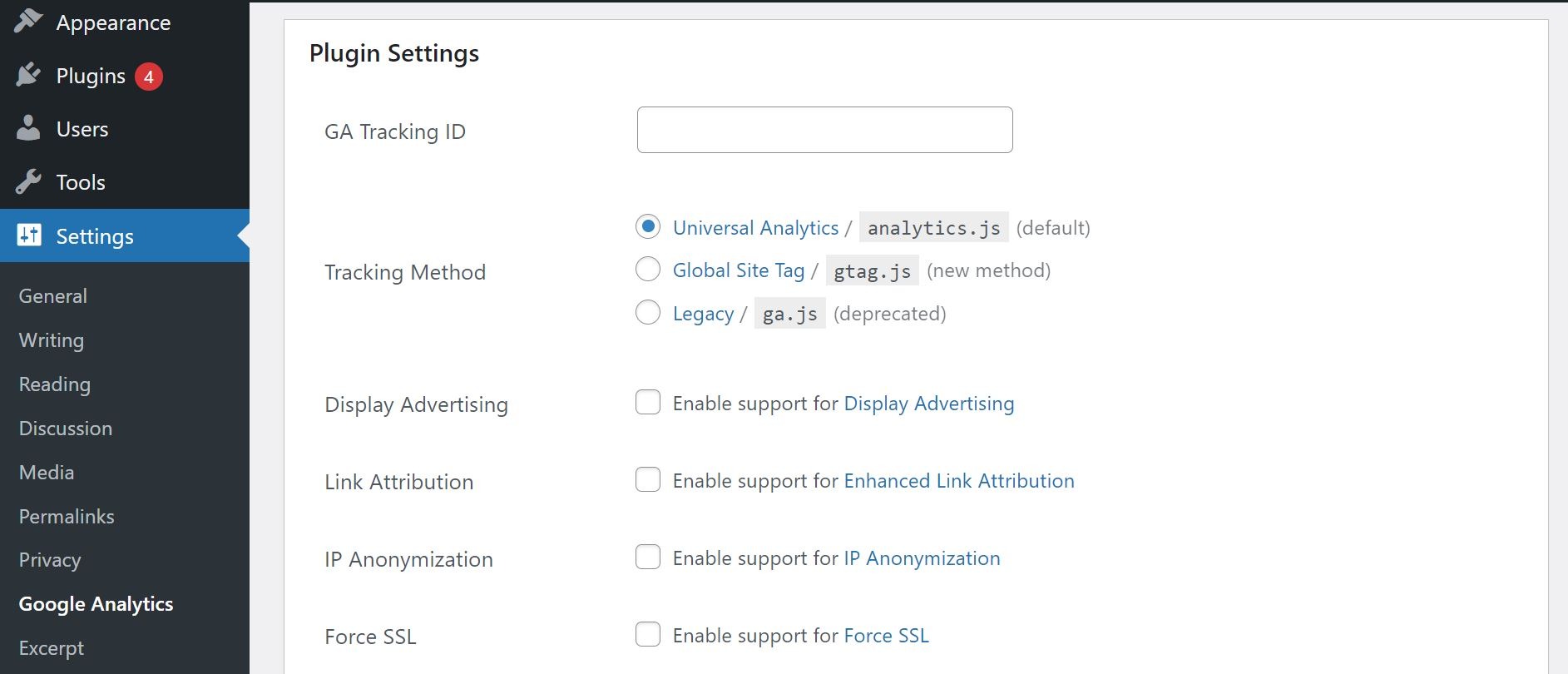 Configuration des paramètres du plug-in GA Google Analytics