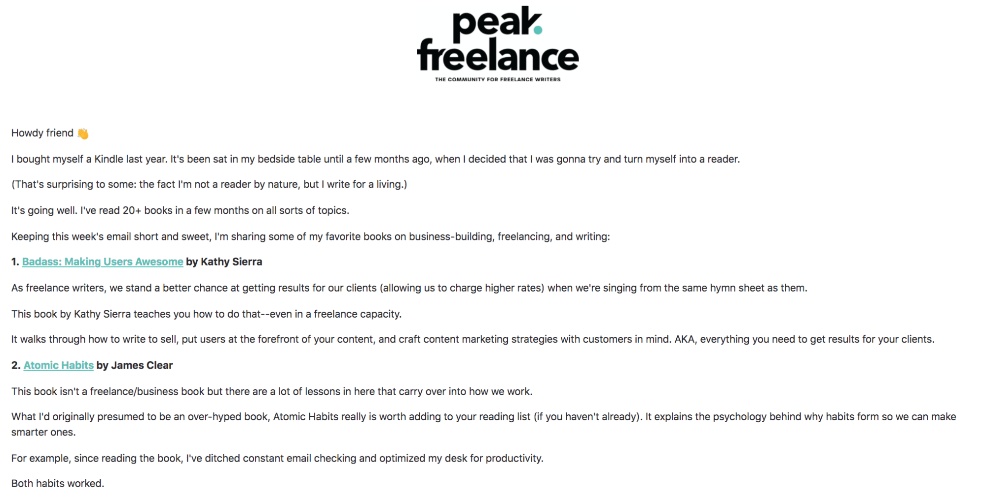 exemples de newsletter - peak freelance