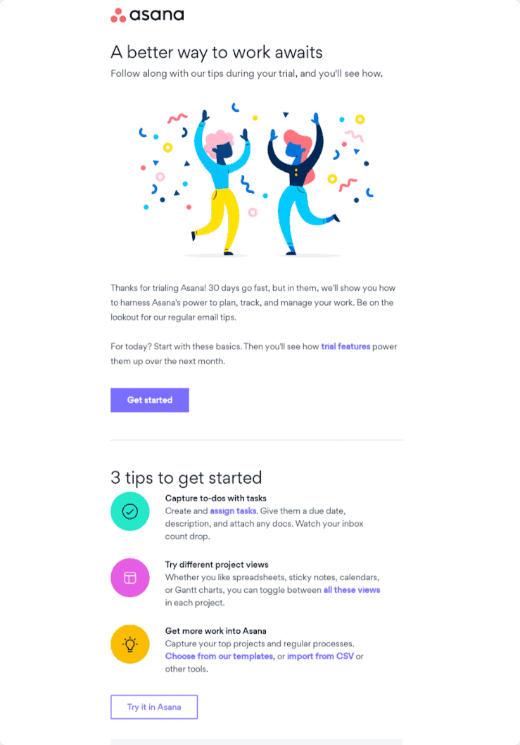 E-mail de boas-vindas da Asana
